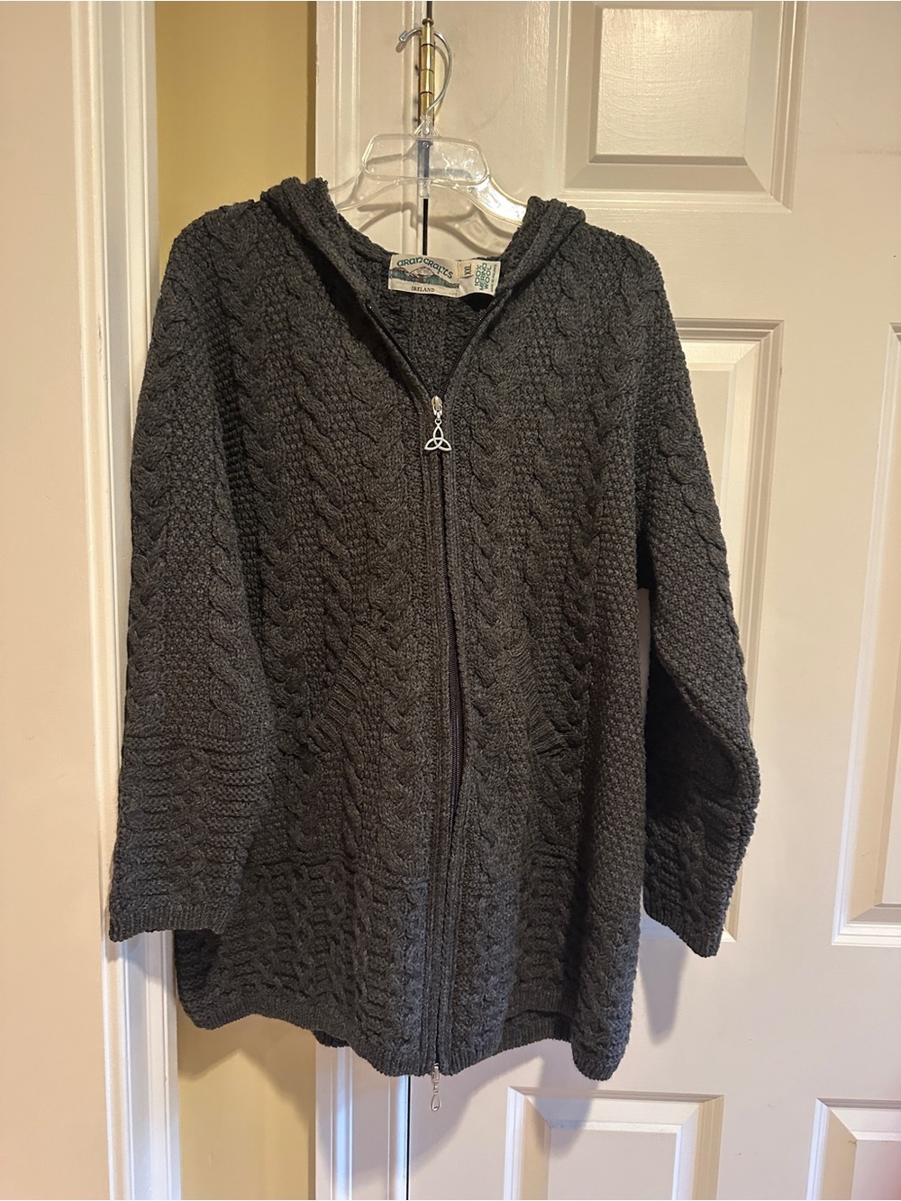 Aran Crafts Ireland 100% Merino Wool Cable Knit Hooded Cardigan XXL Gray